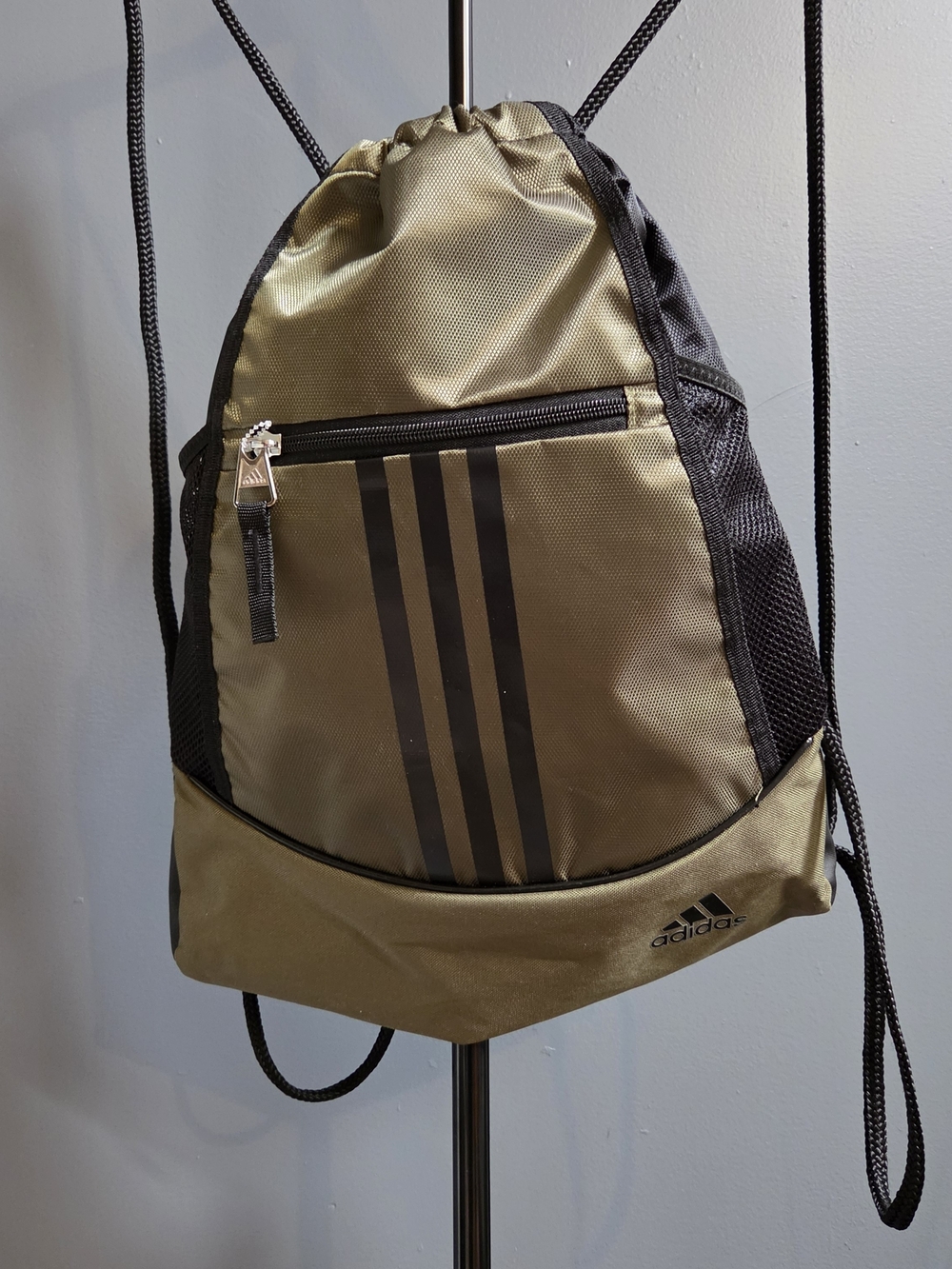 adidas Olive Drawstring Backpack with Front Zip and Three Stripes